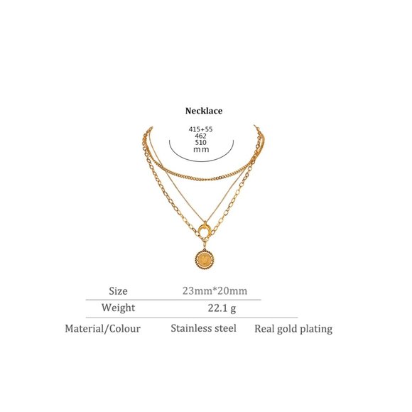 NEW 18K Gold Plated Lion Coin Horn Moon Triple Layer Link Chain Necklace - Picture 5 of 8